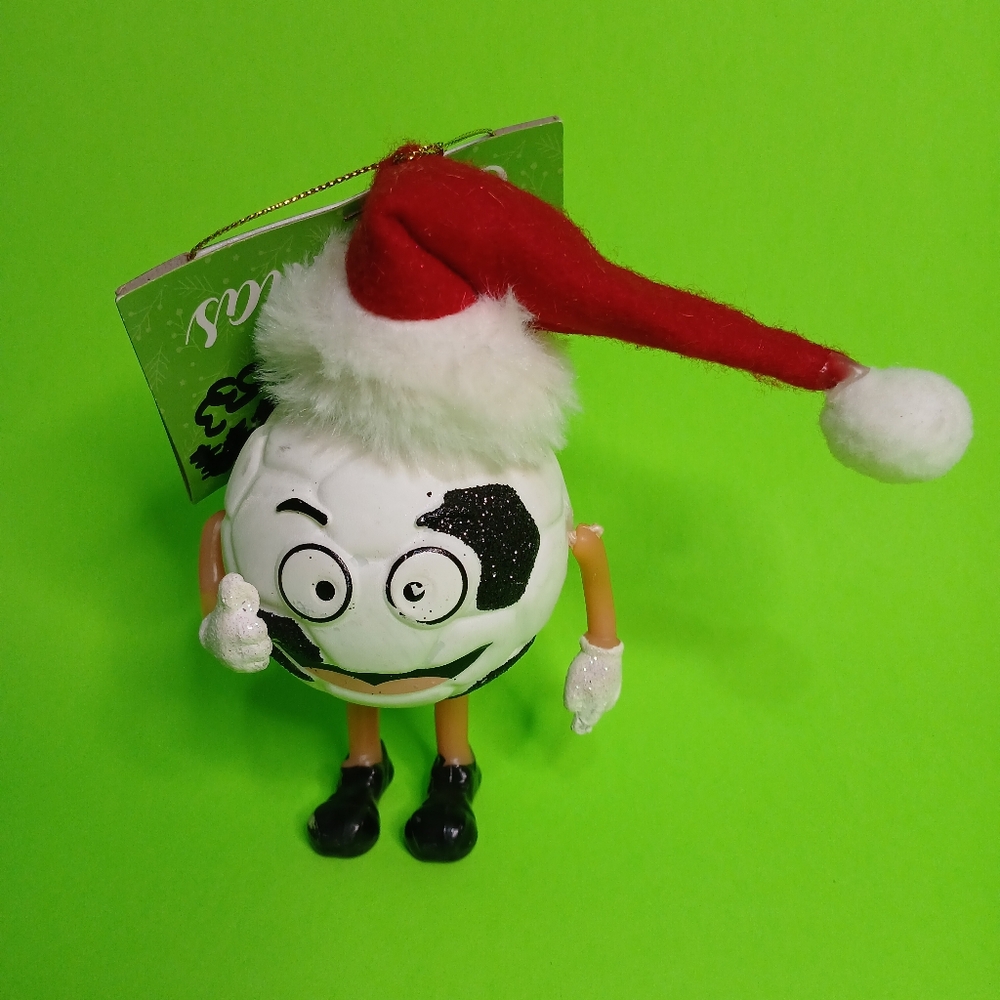 Old Time Pottery soccerball christmas ornament with arms and legs